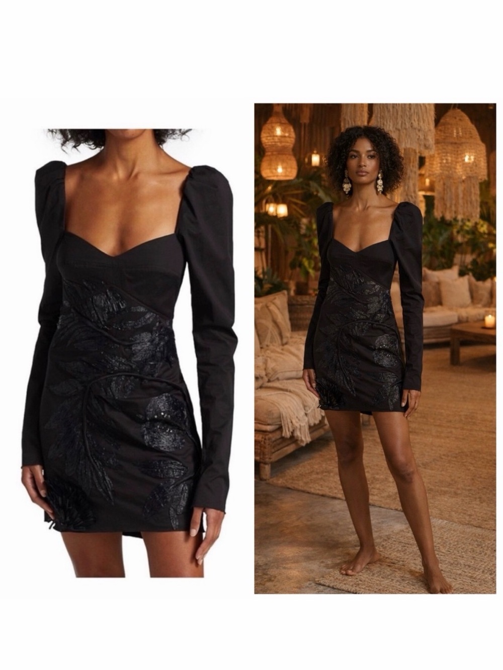 Johanna Ortiz Black Mini Dress Raffia Embroidered 8 Tropical Vacation Resort 🟡